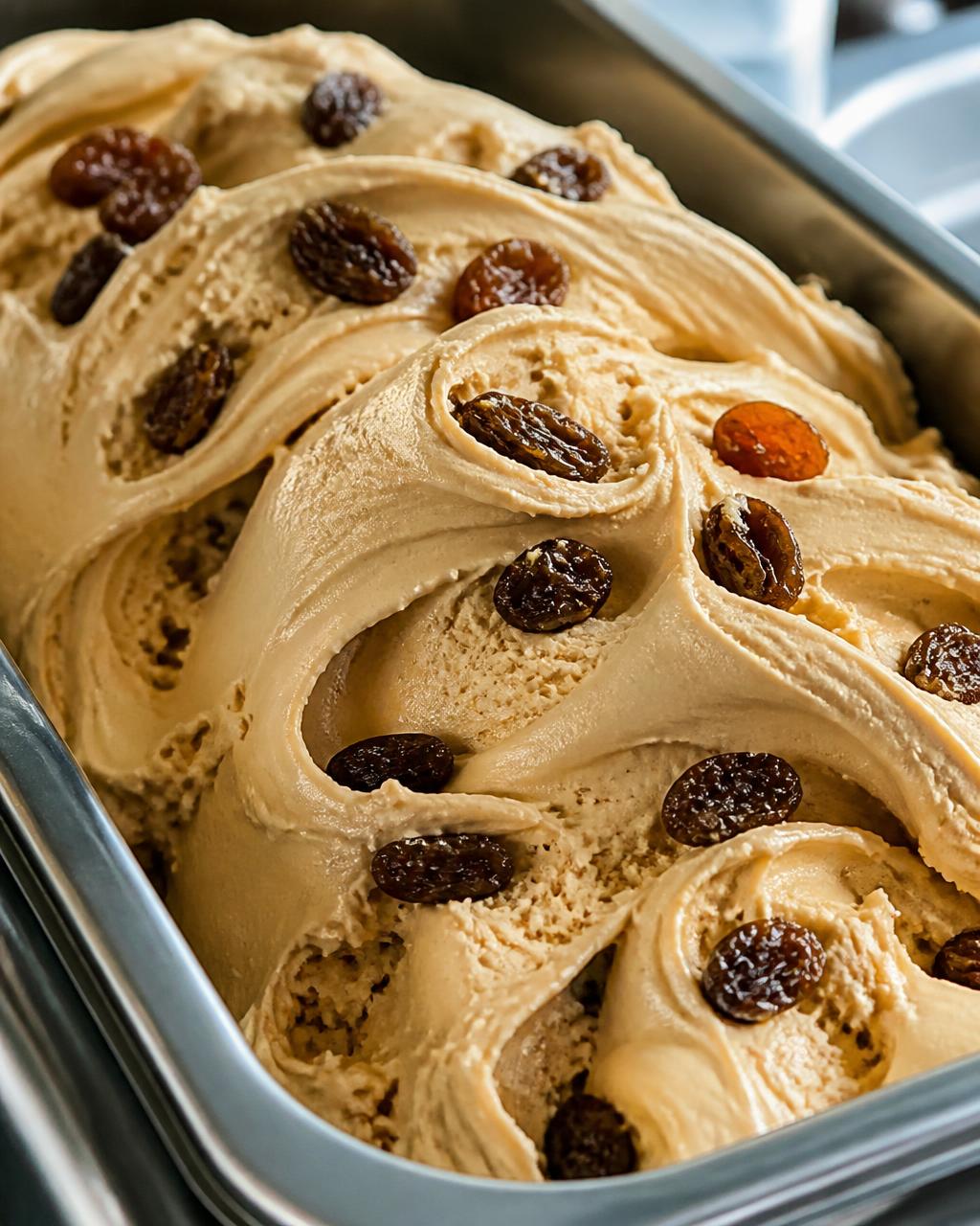Rum and raisin gelato with plump rum-soaked raisins in a stainless steel gelato pan